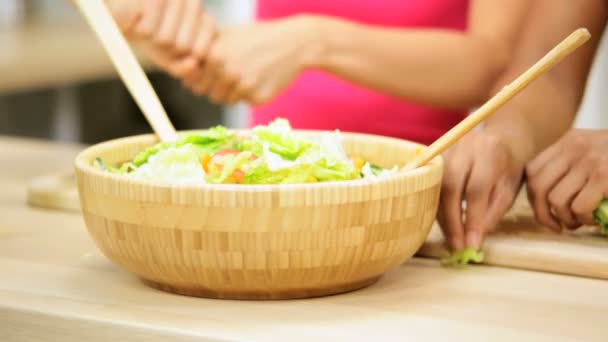 Females preparing  salad from vegetables — Stock Video