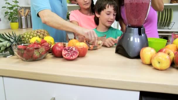 Familjen gör frukt juice drink — Stockvideo