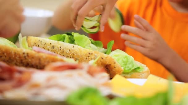 Familie bereitet gemeinsam gesundes Mittagessen zu — Stockvideo