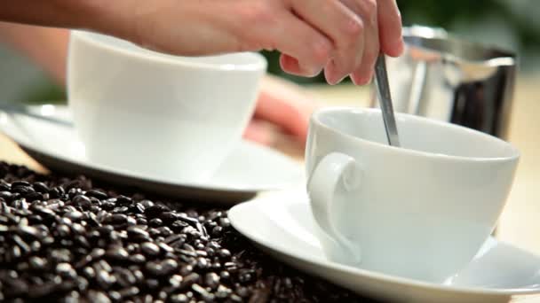 Mani femminili mescolando tazze di caffè appena preparato — Video Stock