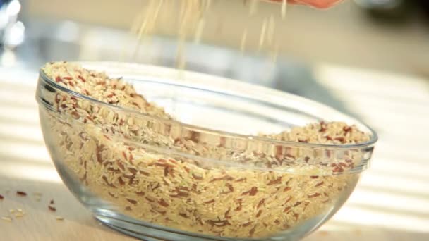 Close Up Bowl Granos secos saludables Granos de cereales Alimentos básicos del mundo — Vídeo de stock