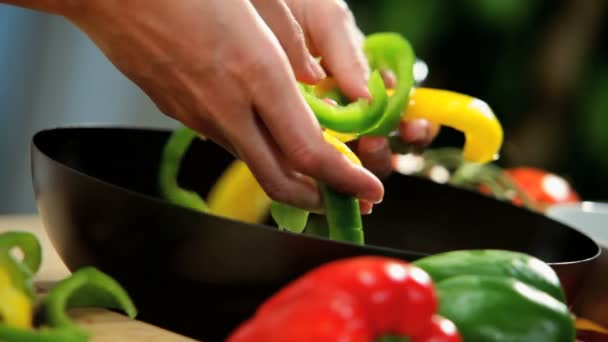 Legumes fritos mexidos orgânicos frescos Fechar as mãos — Vídeo de Stock