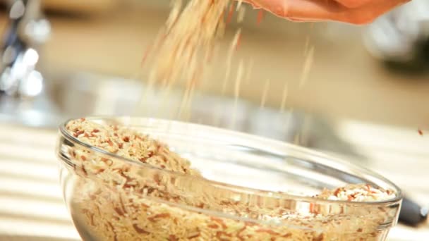 Mãos femininas Close Up Bowl Grãos de cereais secos — Vídeo de Stock