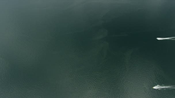 Letecký pohled na napájecí proudové nebe na sladkovodní jezero odlehlé divočině oblast Skalistých hor — Stock video