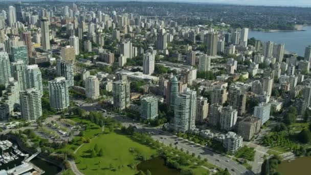 Aerial view Vancouver city buildings Devonian Harbour Park — Stock Video