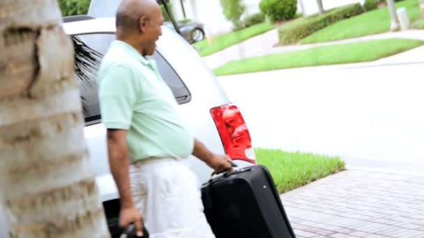 Par lyftande resväskor in i bil — Stockvideo