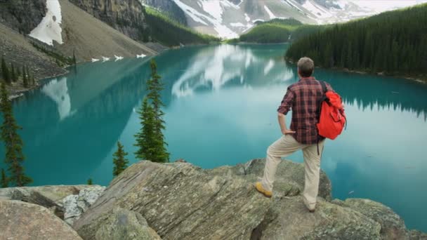 Male hiker enjoying majestic scenery — Stock Video