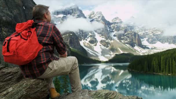Мужской турист наслаждается величественными пейзажами — стоковое видео