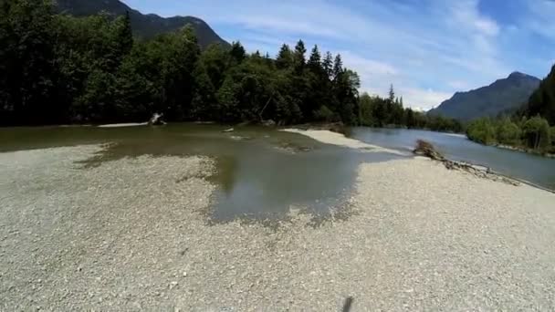 Aerial view turquoise river water forest wilderness rotor blade shadow — Stock Video