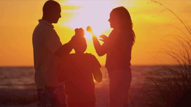 Parents and son watching sunset — Stock Video