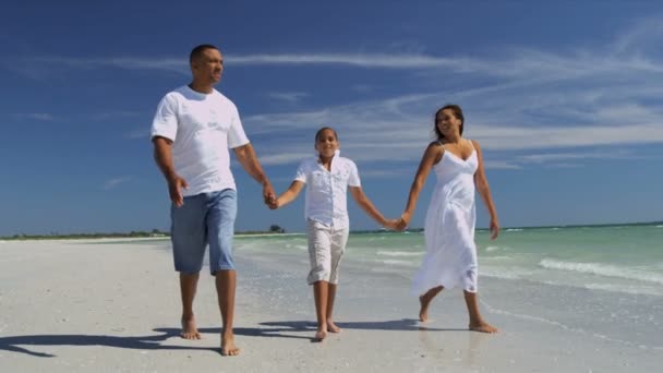 Ung familj promenader på stranden — Stockvideo