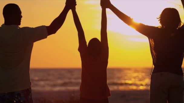 Famille tenant la main regardant coucher de soleil — Video