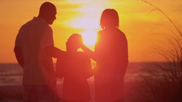 Parents et fils regardant le coucher du soleil — Video