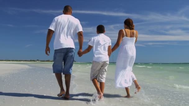 Familia joven caminando en la playa — Vídeos de Stock