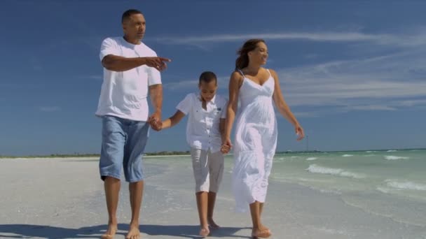 Familia joven caminando en la playa — Vídeos de Stock