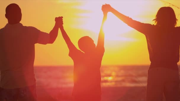 Familia cogida de la mano viendo atardecer — Vídeos de Stock