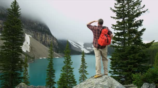 Male hiker enjoying majestic scenery — Stock Video