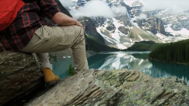 Male hiker enjoying majestic scenery — Stock Video