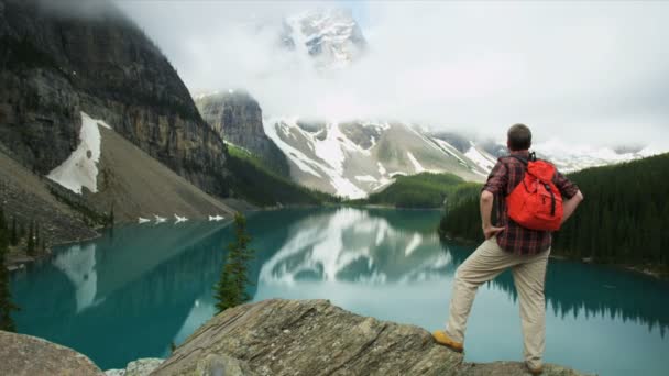Senderista masculino disfrutando de un paisaje majestuoso — Vídeo de stock
