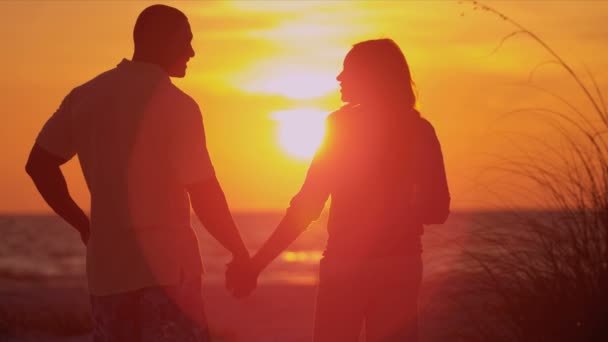 Couple tenant la main regardant coucher de soleil — Video