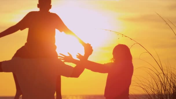 Famille sur la plage regardant coucher de soleil — Video