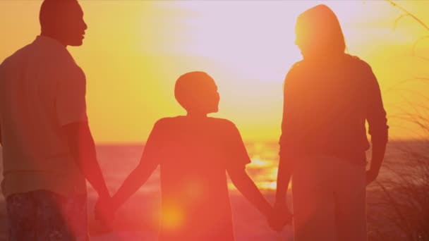 Familie op strand kijken naar zonsondergang — Stockvideo