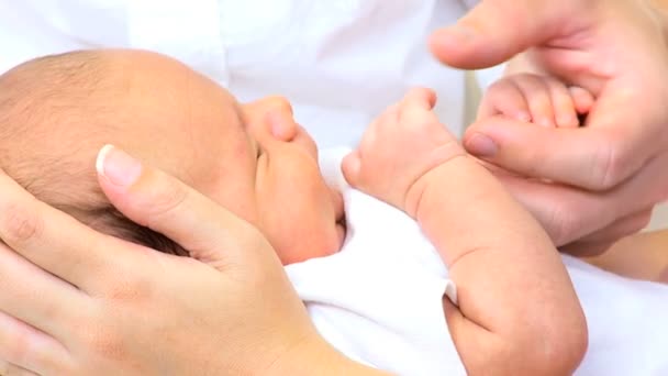 Pasgeboren babyjongen in de handen van ouders — Stockvideo