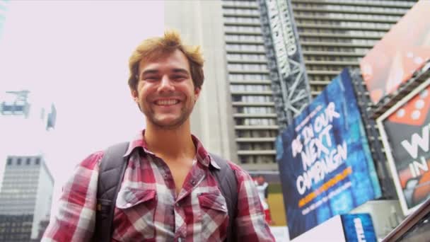 Global Traveller Enjoying Sights Times Square New York — Stock Video