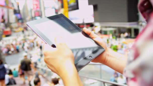 Young Male Visitor Wireless Tablet Sightseeing New York Times Square — Stock Video