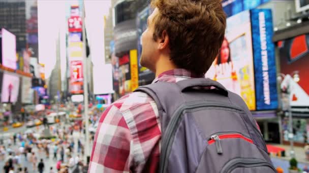 Young Male Tourist Times Square New York — Stock Video