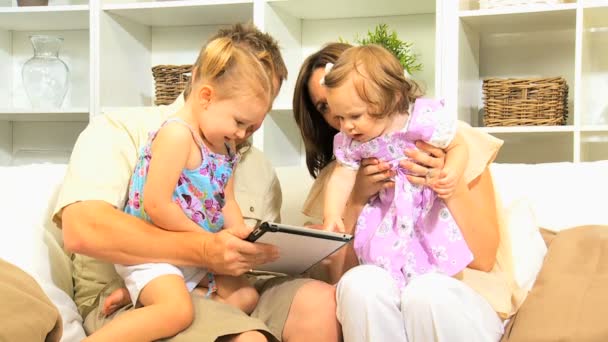 Pre School Girls Playing Parents Home Sofa — Stock video