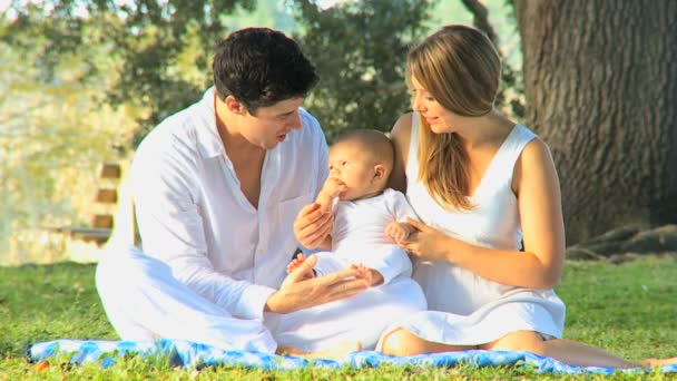 Junges Paar spielt mit Baby im Park — Stockvideo