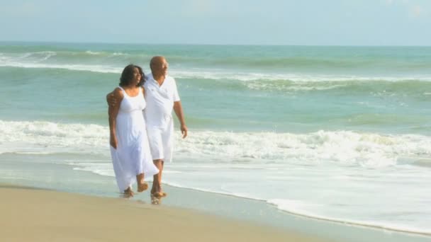 Αγαπώντας ανώτερος ζευγάρι στην παραλία μαζί — Αρχείο Βίντεο