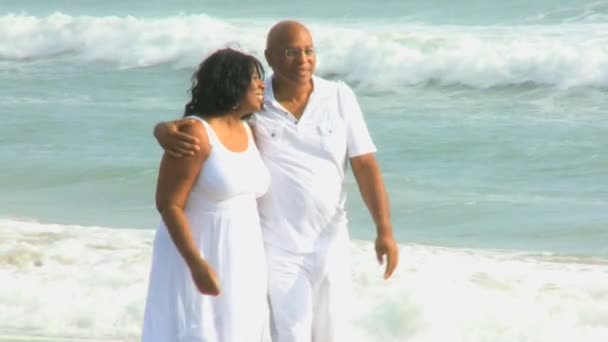 Liefdevolle senior koppel op strand samen — Stockvideo