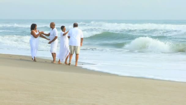 Parejas étnicas jubiladas bailando junto al océano — Vídeos de Stock