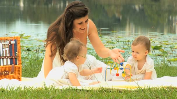 Mother playing with children in park — Stock Video