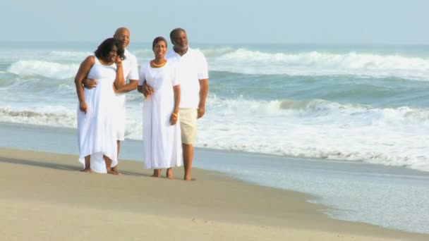 Senior Afrikaanse Amerikaanse vrienden genieten op het strand — Stockvideo