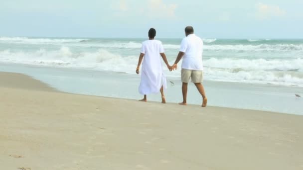 Pareja étnica jubilada caminando en la playa — Vídeo de stock