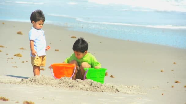 Lindos chicos latinoamericanos playa castillos de arena — Vídeo de stock