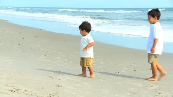 Gelukkig hispanic broertjes spelen strand — Stockvideo