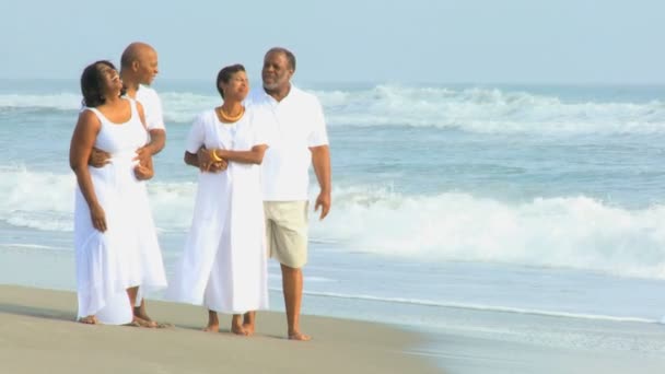 Senior Afrikaanse Amerikaanse vrienden genieten op het strand — Stockvideo