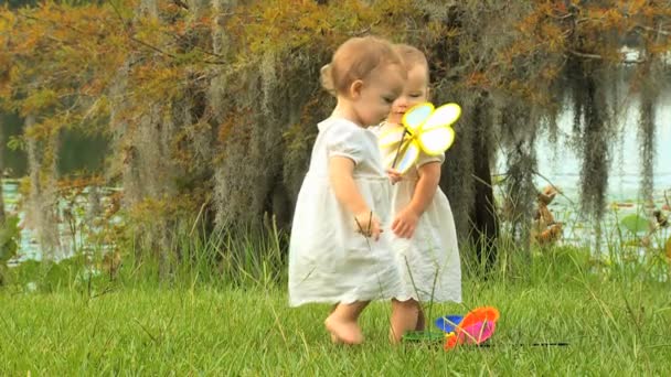 Twin girls playing in the park — Stock Video