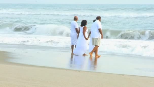 Amis afro-américains seniors marchant sur la plage — Video