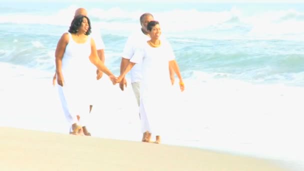 Oudere etnische paren lopen samen op strand — Stockvideo