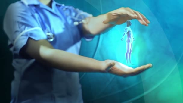 Nurse holding 3D rotating bionic man — Stock Video