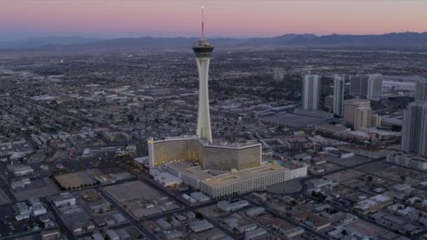 Aerial dusk view Stratosphere Tower Hotel, Las Vegas — Stock Video