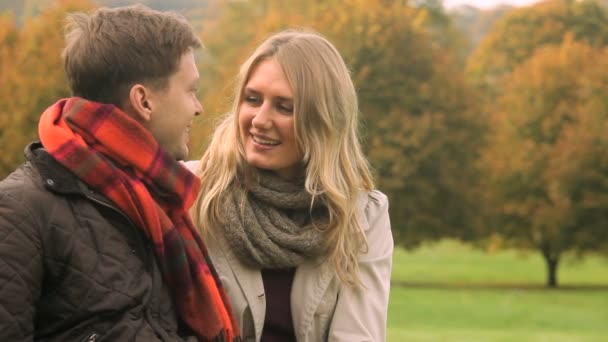 Loving Caucasian Couple Outdoors Fall — Stock Video