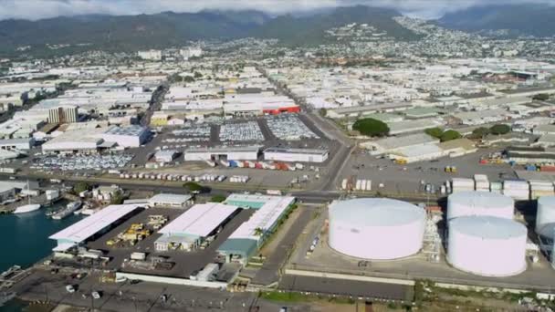Aerial view of commercial storage tanks, Honolulu — Stock Video