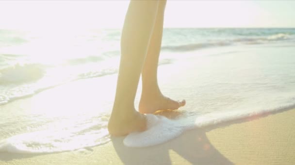 Pernas Menina bonita andando praia descalça — Vídeo de Stock