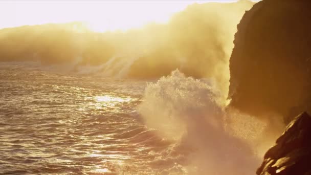 Steam from lava flows beside coastal rocks — Stock Video